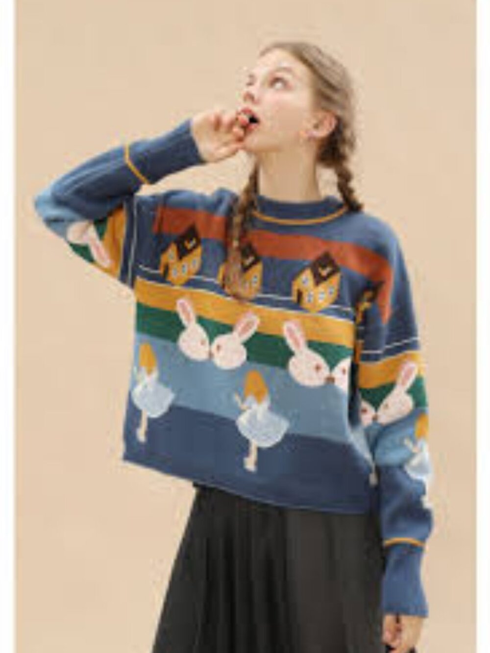 Ms & Mr Whimsical Alice in Wonderland Graphic Knit Crewneck Sweater - Blue/Multi
